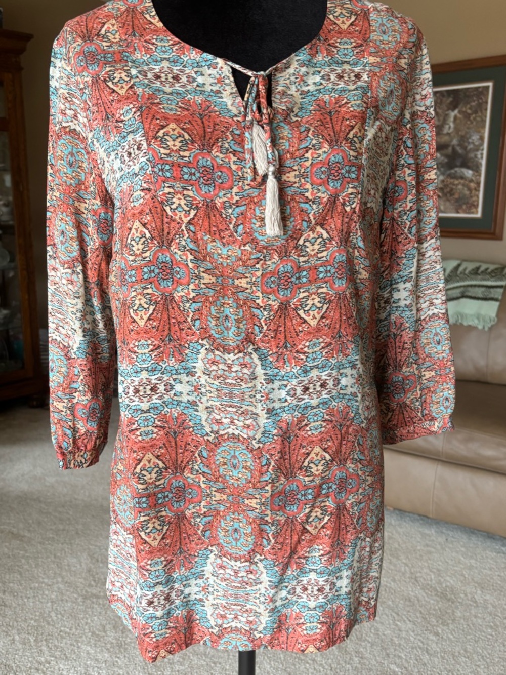 Tribal Boho Top in Coral and Teal M